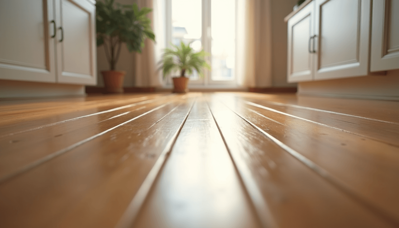 Eye-level view of freshly refinished hardwood floor with glossy finish