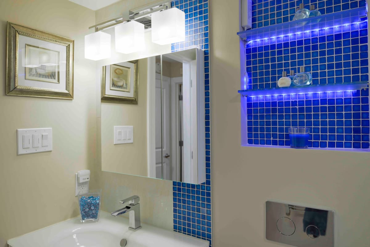 Blue Mosaic Bathroom Remodel — Karma Construction Group