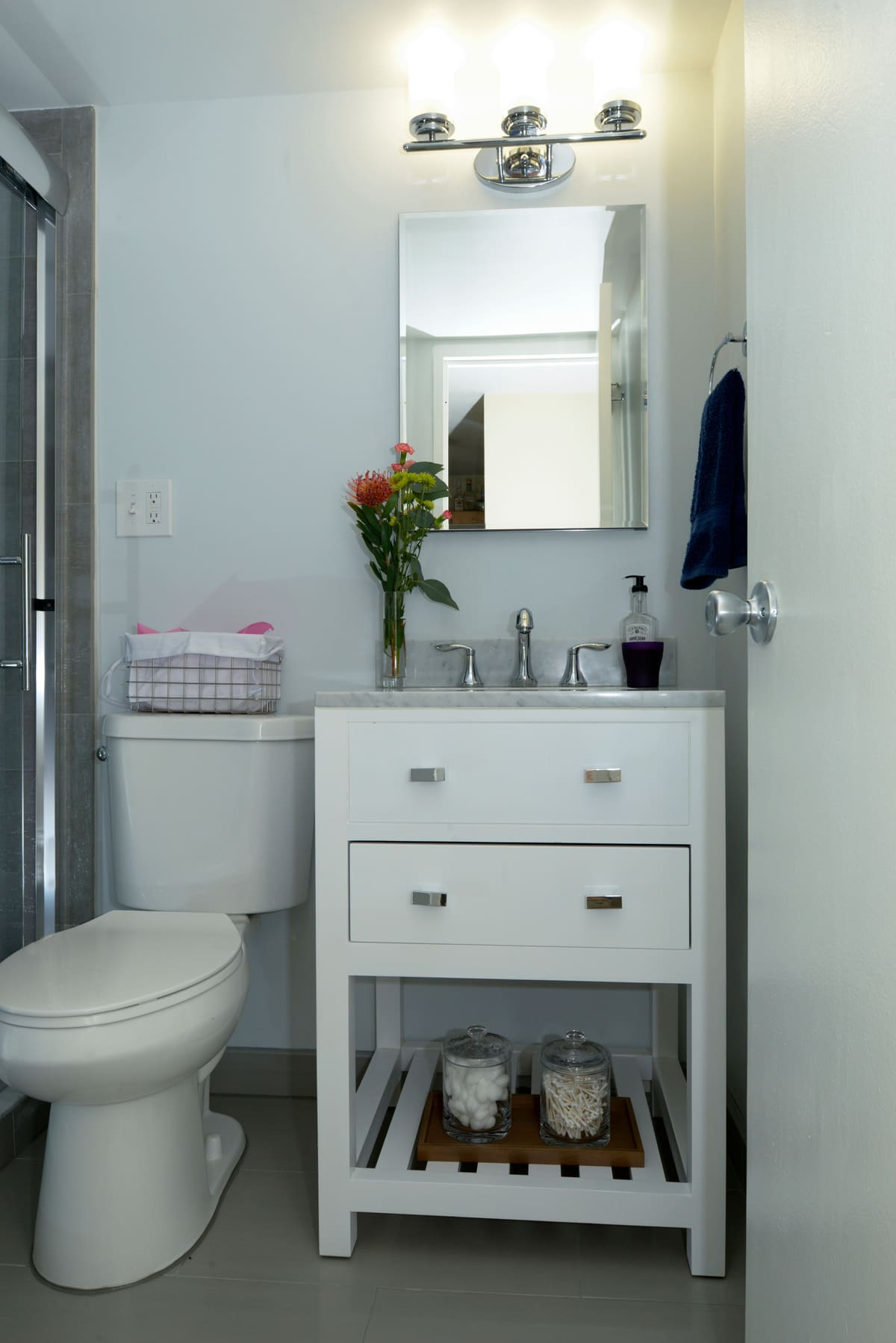Gray Stone Walk-In Shower Bathroom — Karma Construction Group