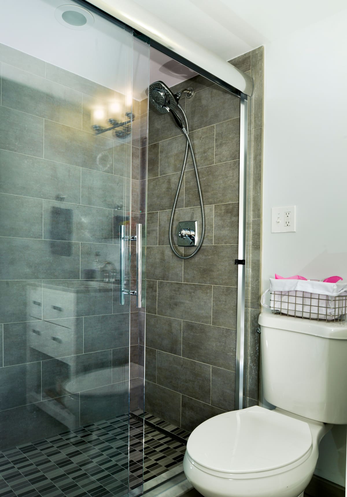 Gray Stone Walk-In Shower Bathroom — Karma Construction Group