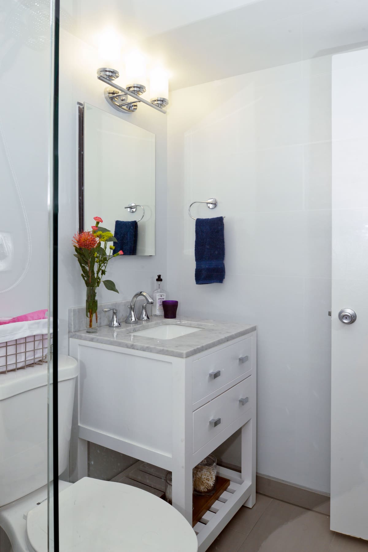 Gray Stone Walk-In Shower Bathroom — Karma Construction Group