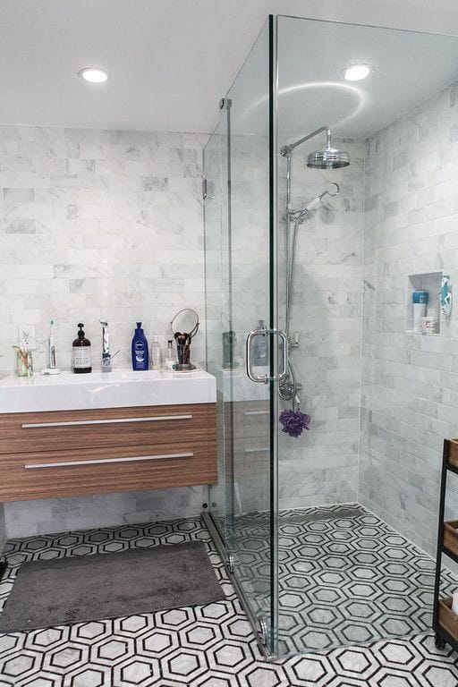Walnut & Carrara Master Bathroom — Karma Construction Group